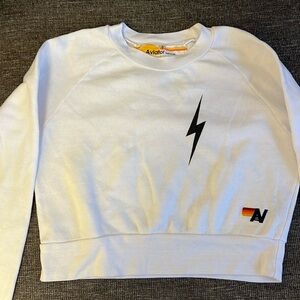 Aviator Nation White Crew Neck Sweater with Black Lightning Bolt